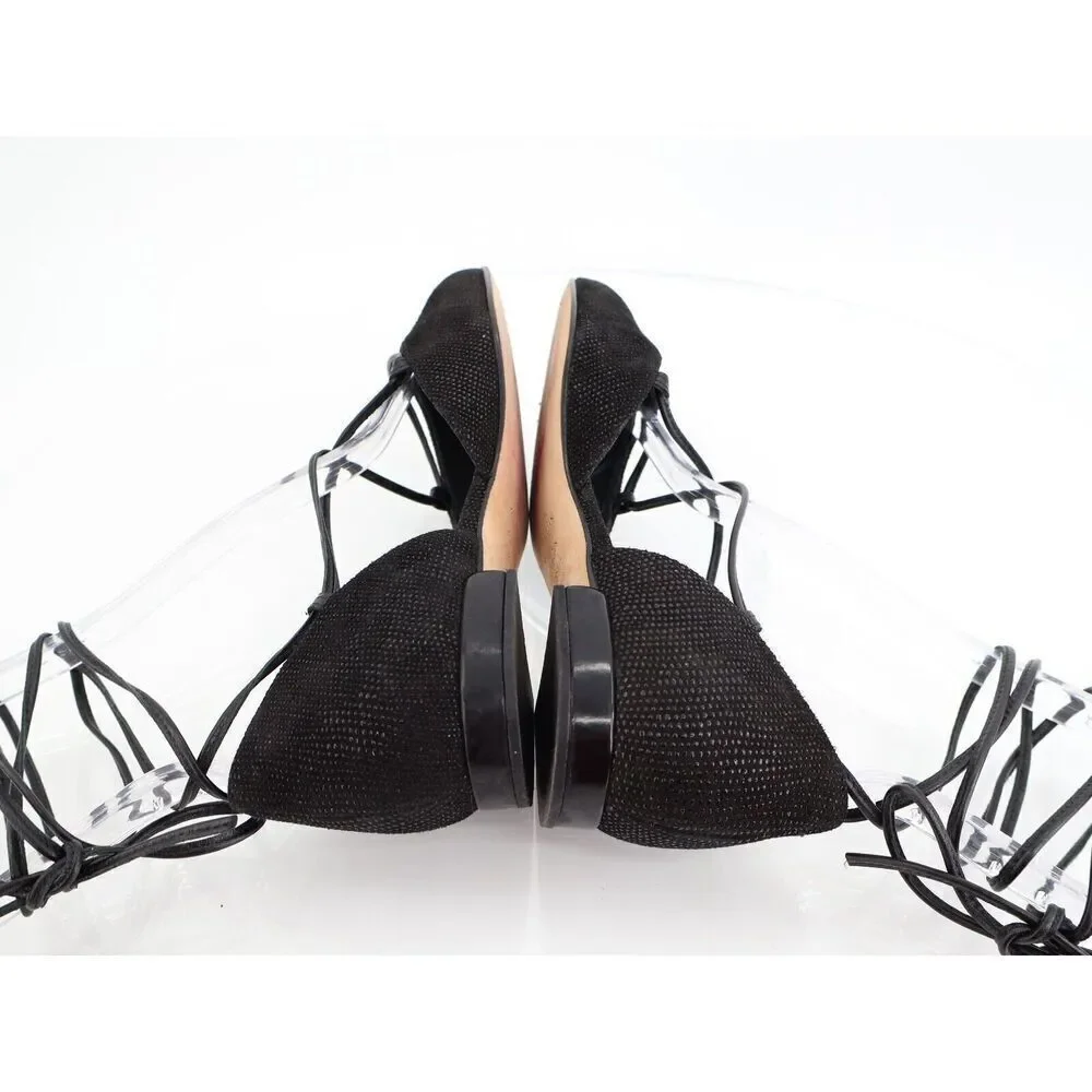 Stuart Weitzman Gilligan Ballet Flats Lace Up Pointed Toe Black Size 6 M Leather